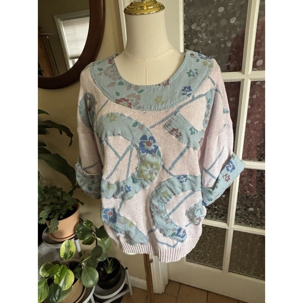 Vintage  Mariea Kim Top Sweater Sz L Floral Applique 80s 90s